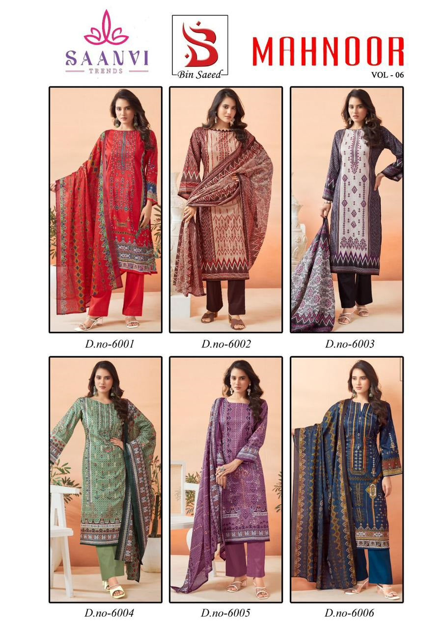 Bin Saeed Mahnoor Vol 6 Saanvi Pure Lawn Karachi Salwar Suits Wholesaler Ahmedabad