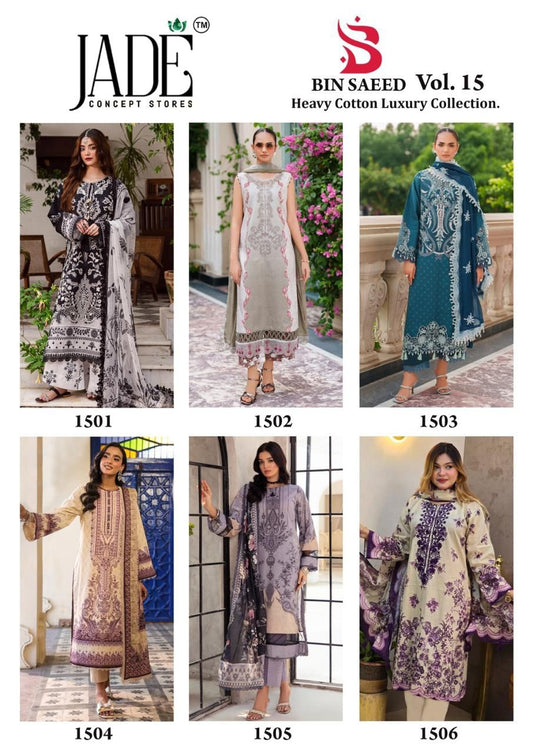 Bin Saeed Vol 15 Heavy Cotton Luxury Collection Jade Karachi Salwar Suits Wholesale Price