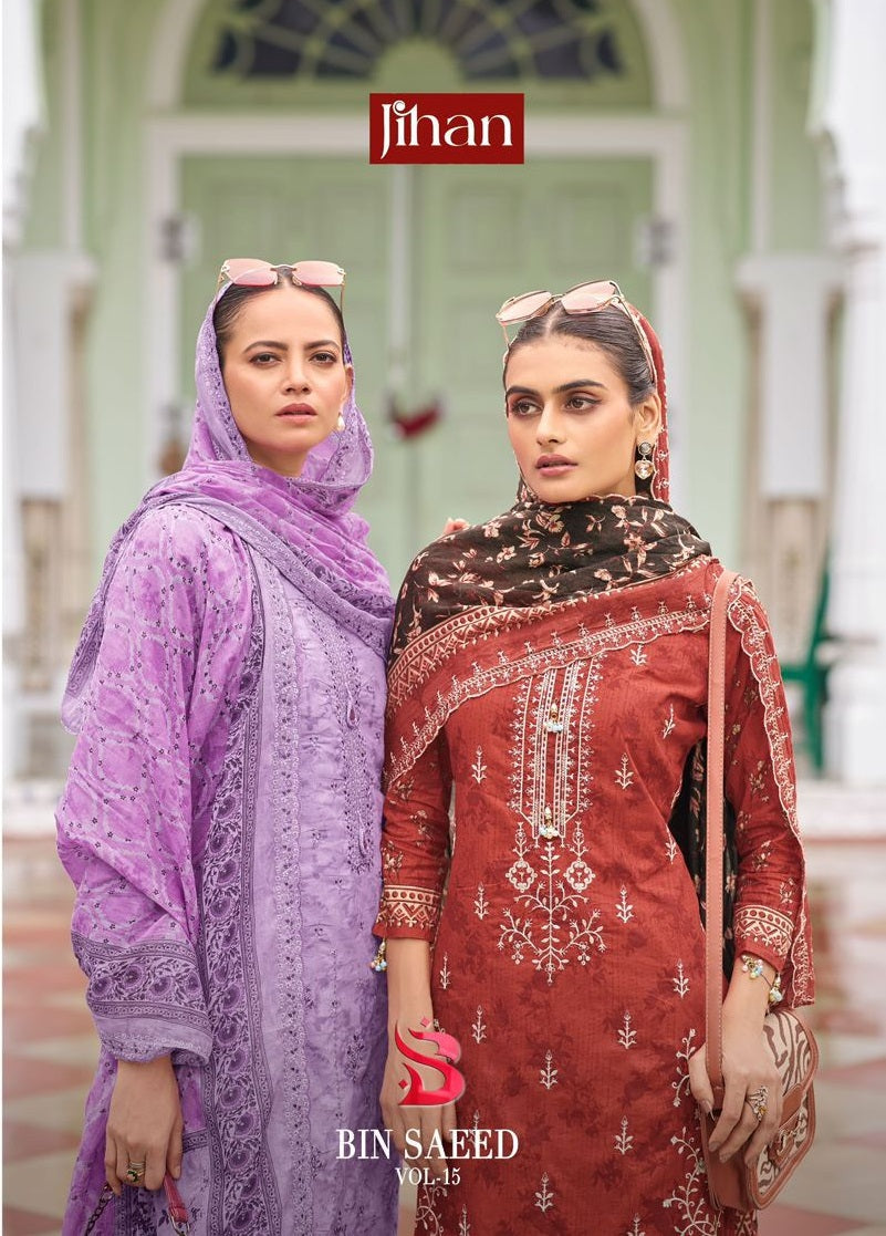 Bin Saeed Vol 15 Jihan Pure Lawn Pakistani Salwar Suits Wholesaler Gujarat