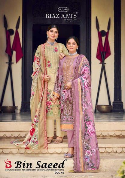 Bin Saeed Vol 15 Riaz Art Cotton Cambric Karachi Salwar Suits Wholesale