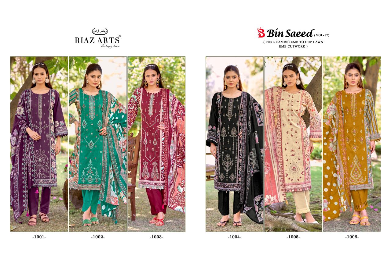 Bin Saeed Vol 17 Riaz Art Cotton Cambric Karachi Salwar Suits Wholesaler Gujarat
