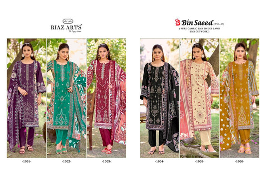 Bin Saeed Vol 17 Riaz Art Cotton Cambric Karachi Salwar Suits Wholesaler Gujarat