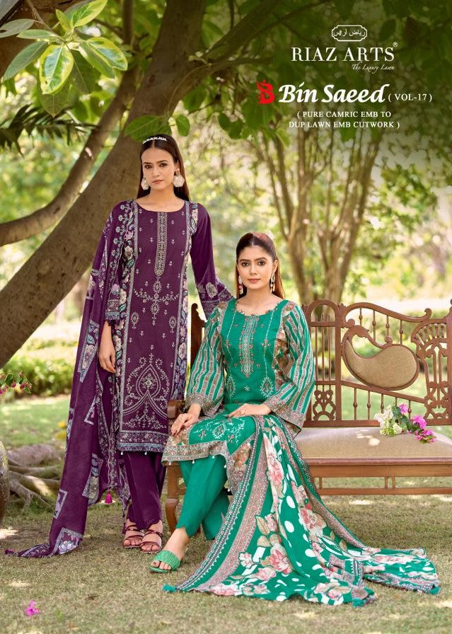 Bin Saeed Vol 17 Riaz Art Cotton Cambric Karachi Salwar Suits Wholesaler Gujarat