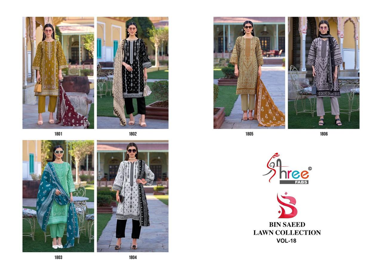 Bin Saeed Vol 18 Lawn Collection Shree Fabs Pure Cotton Pakistani Salwar Suits Wholesale Rate