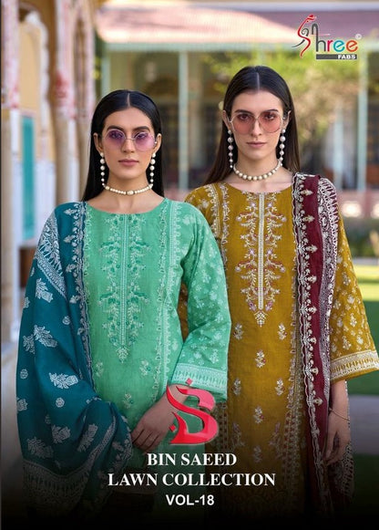 Bin Saeed Vol 18 Lawn Collection Shree Fabs Pure Cotton Pakistani Salwar Suits Wholesale Rate