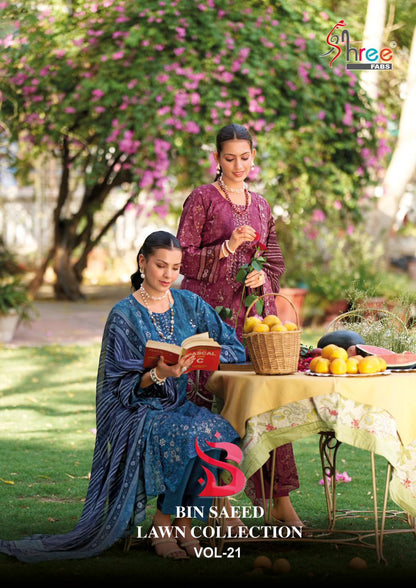 Bin Saeed Vol 21 Lawn Collection Shree Fabs Cotton Karachi Readymade Suits Manufacturer Ahmedabad