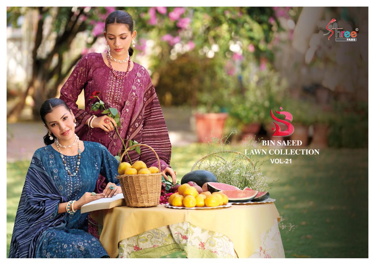 Bin Saeed Vol 21 Lawn Collection Shree Fabs Cotton Karachi Readymade Suits Manufacturer Ahmedabad
