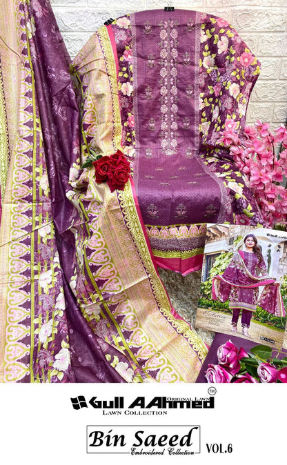 Bin Saeed Vol 6 Embroidered Collection Gul Ahmed Cambric Cotton Karachi Salwar Suits Wholesaler Gujarat