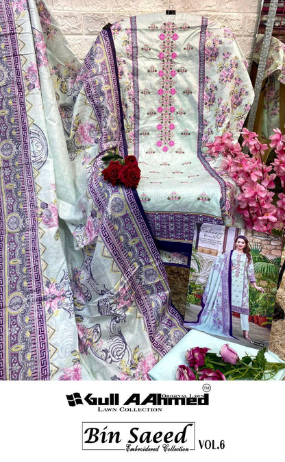 Bin Saeed Vol 6 Embroidered Collection Gul Ahmed Cambric Cotton Karachi Salwar Suits Wholesaler Gujarat