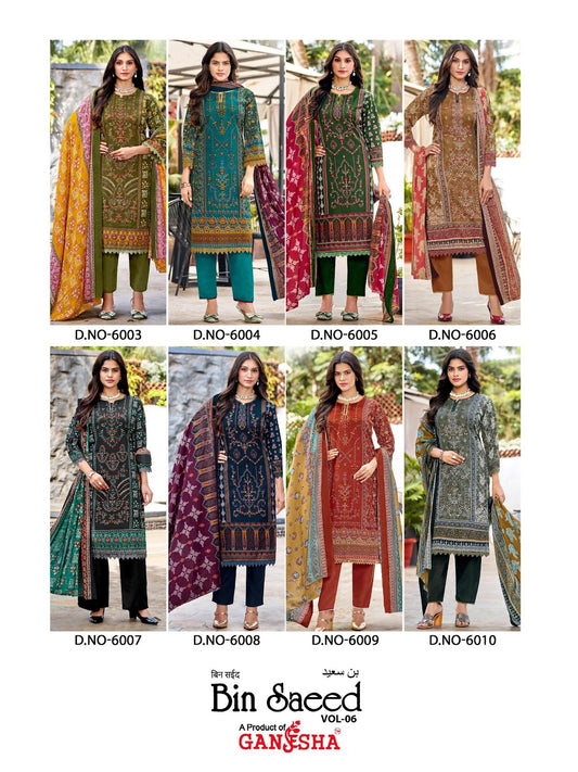 Bin Saeed Vol 6 Ganesha Mix Cotton Karachi Salwar Suits Exporter India