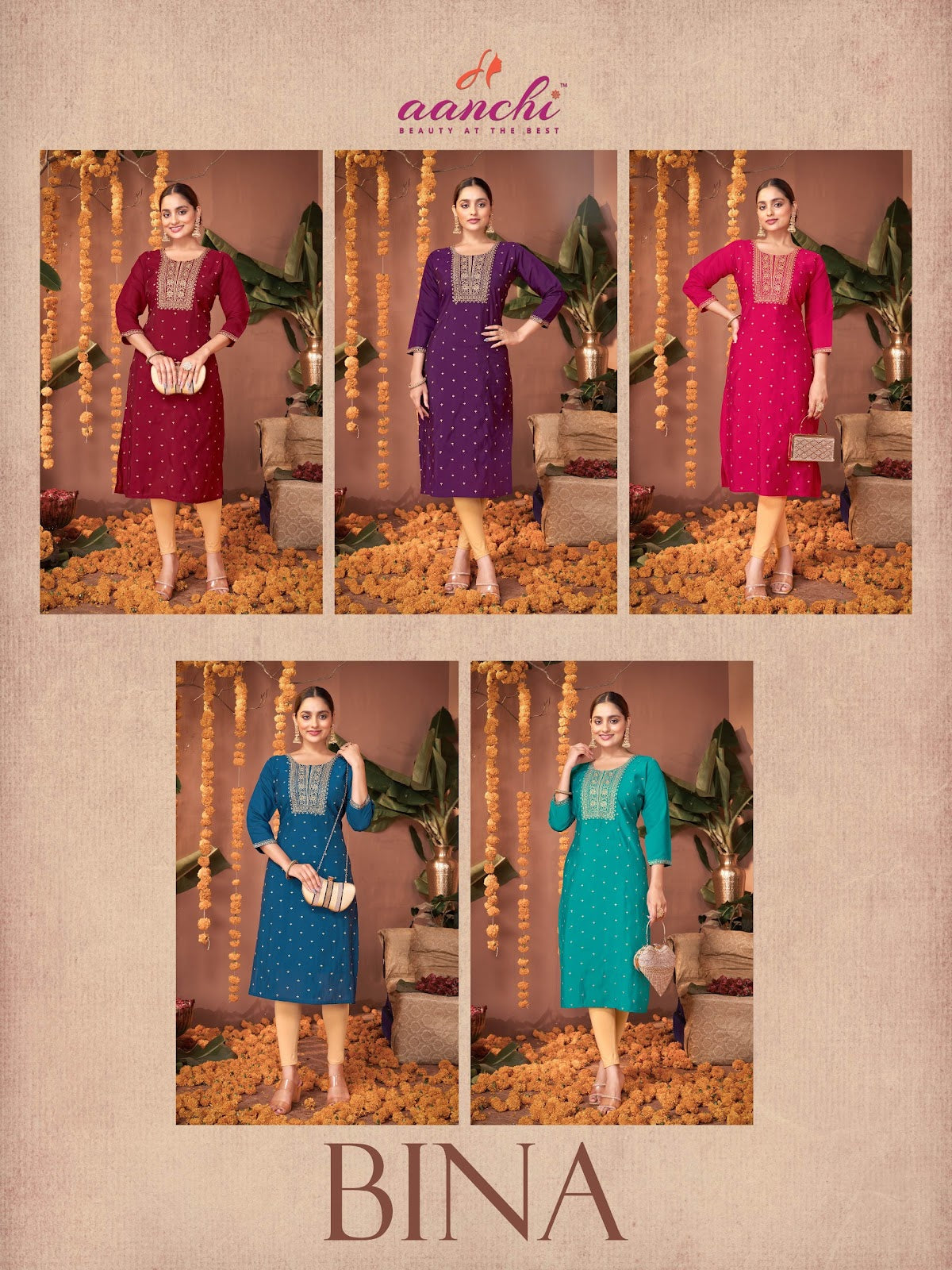 Bina Aanchi Roman Silk Straight Cut Kurtis Supplier