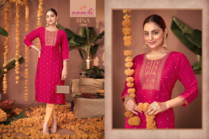 Bina Aanchi Roman Silk Straight Cut Kurtis Supplier