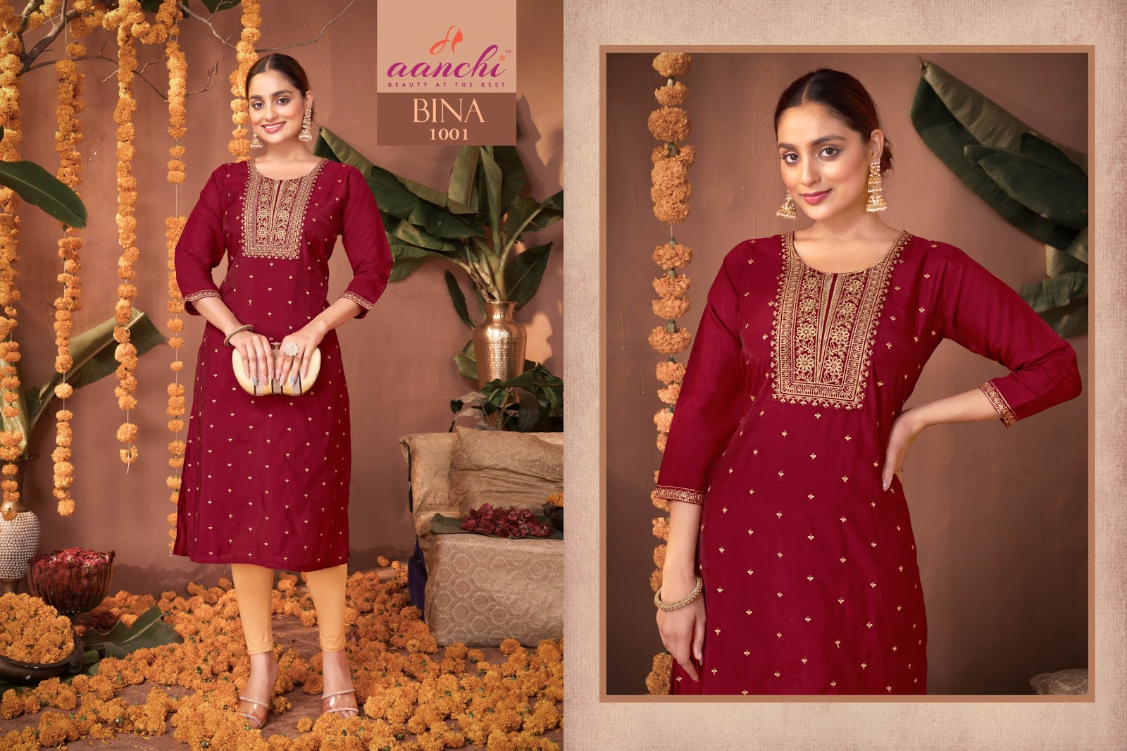 Bina Aanchi Roman Silk Straight Cut Kurtis Supplier