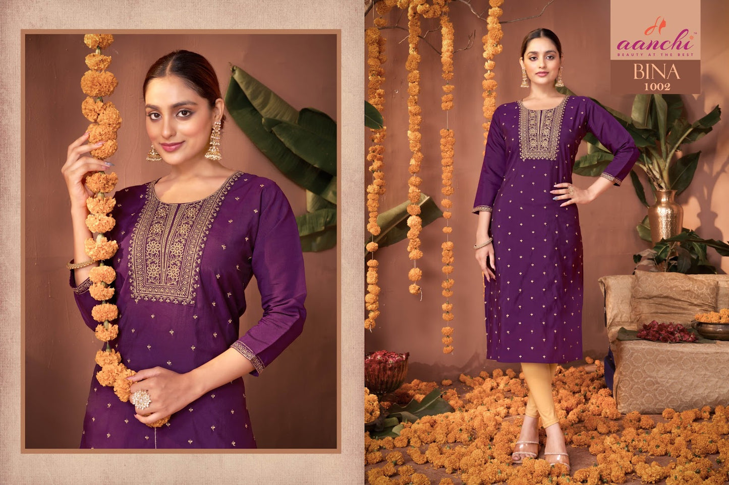 Bina Aanchi Roman Silk Straight Cut Kurtis Supplier