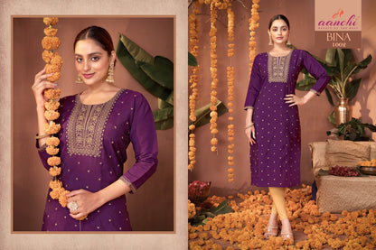 Bina Aanchi Roman Silk Straight Cut Kurtis Supplier