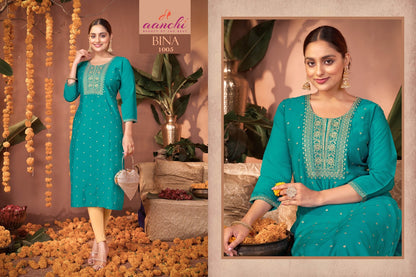 Bina Aanchi Roman Silk Straight Cut Kurtis Supplier