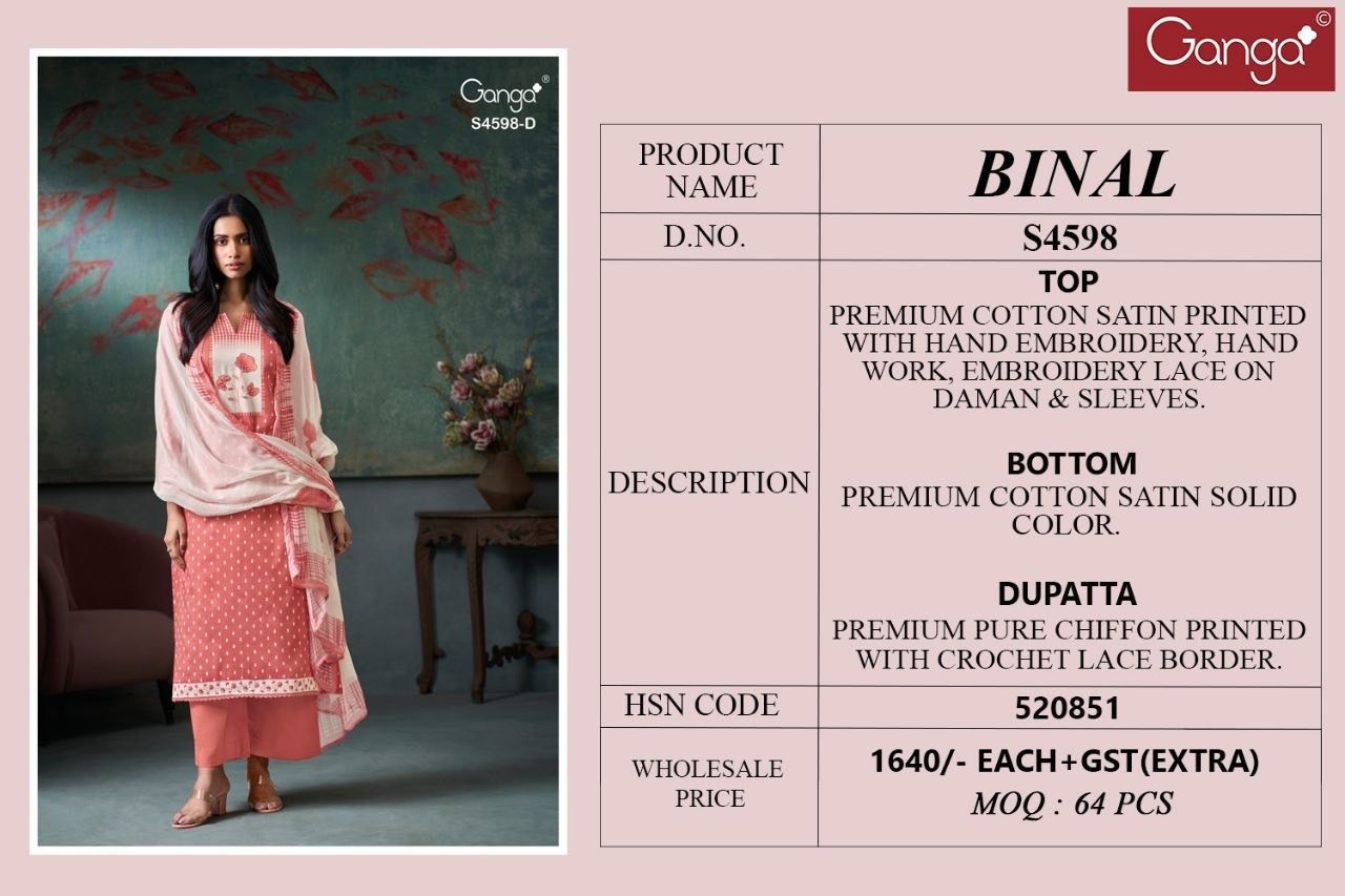 Binal 4598 Ganga Cotton Satin Plazzo Style Suits Supplier Ahmedabad