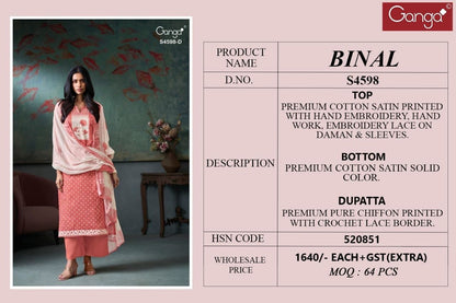 Binal 4598 Ganga Cotton Satin Plazzo Style Suits Supplier Ahmedabad