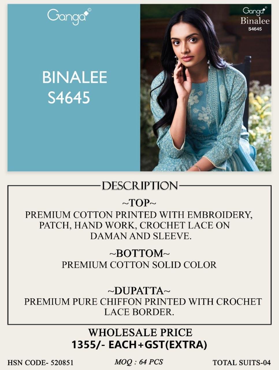 Binalee 4645 Ganga Cotton Plazzo Style Suits Wholesale Price