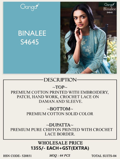 Binalee 4645 Ganga Cotton Plazzo Style Suits Wholesale Price