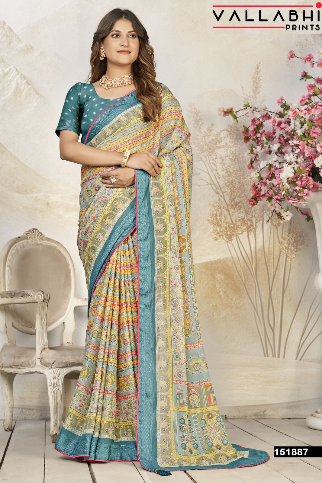 Bindiya Vallabhi Prints Dull Moss Sarees Wholesale Price