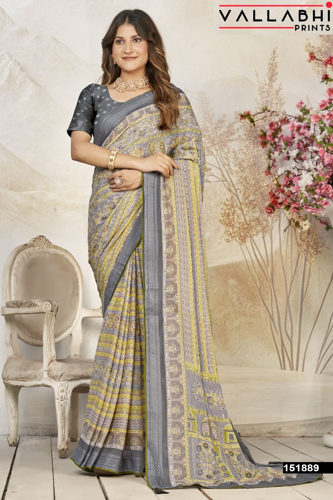 Bindiya Vallabhi Prints Dull Moss Sarees Wholesale Price