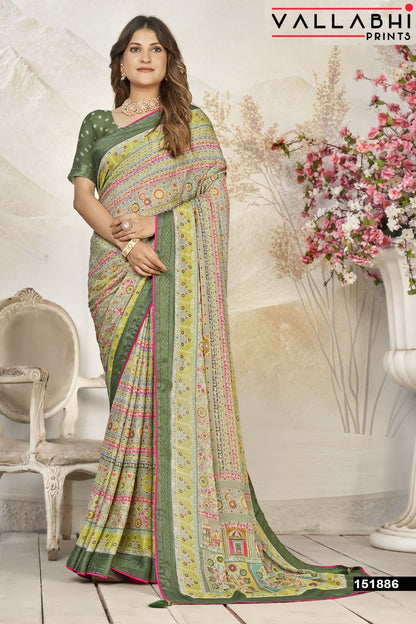 Bindiya Vallabhi Prints Dull Moss Sarees Wholesale Price