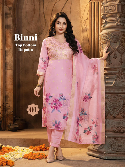 Binni Kaya Chanderi Readymade Pant Style Suits Wholesaler Ahmedabad