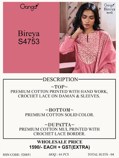 Bireya 4753 Ganga Cotton Plazzo Style Suits Wholesaler India