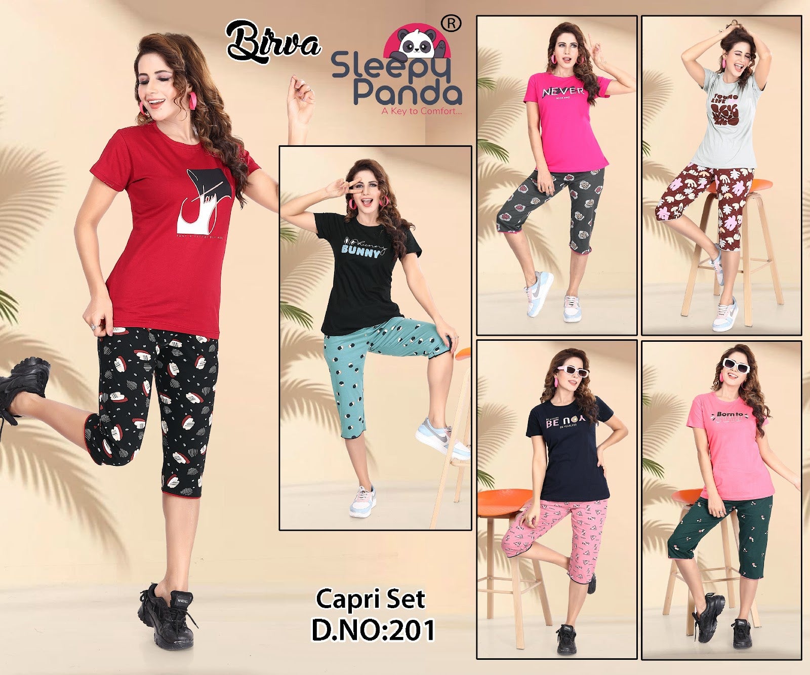 Birva 201 Sleepy Panda Cotton Capri Night Suits Supplier