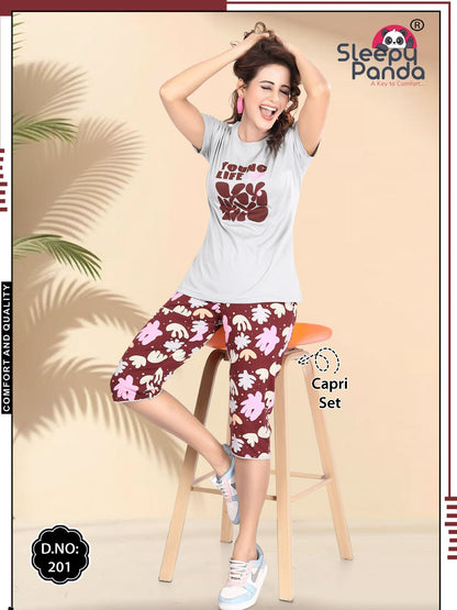 Birva 201 Sleepy Panda Cotton Capri Night Suits Supplier