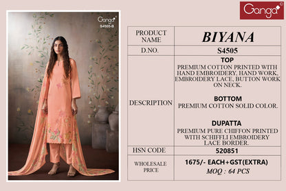 Biyana 4505 Ganga Cotton Pant Style Suits Supplier
