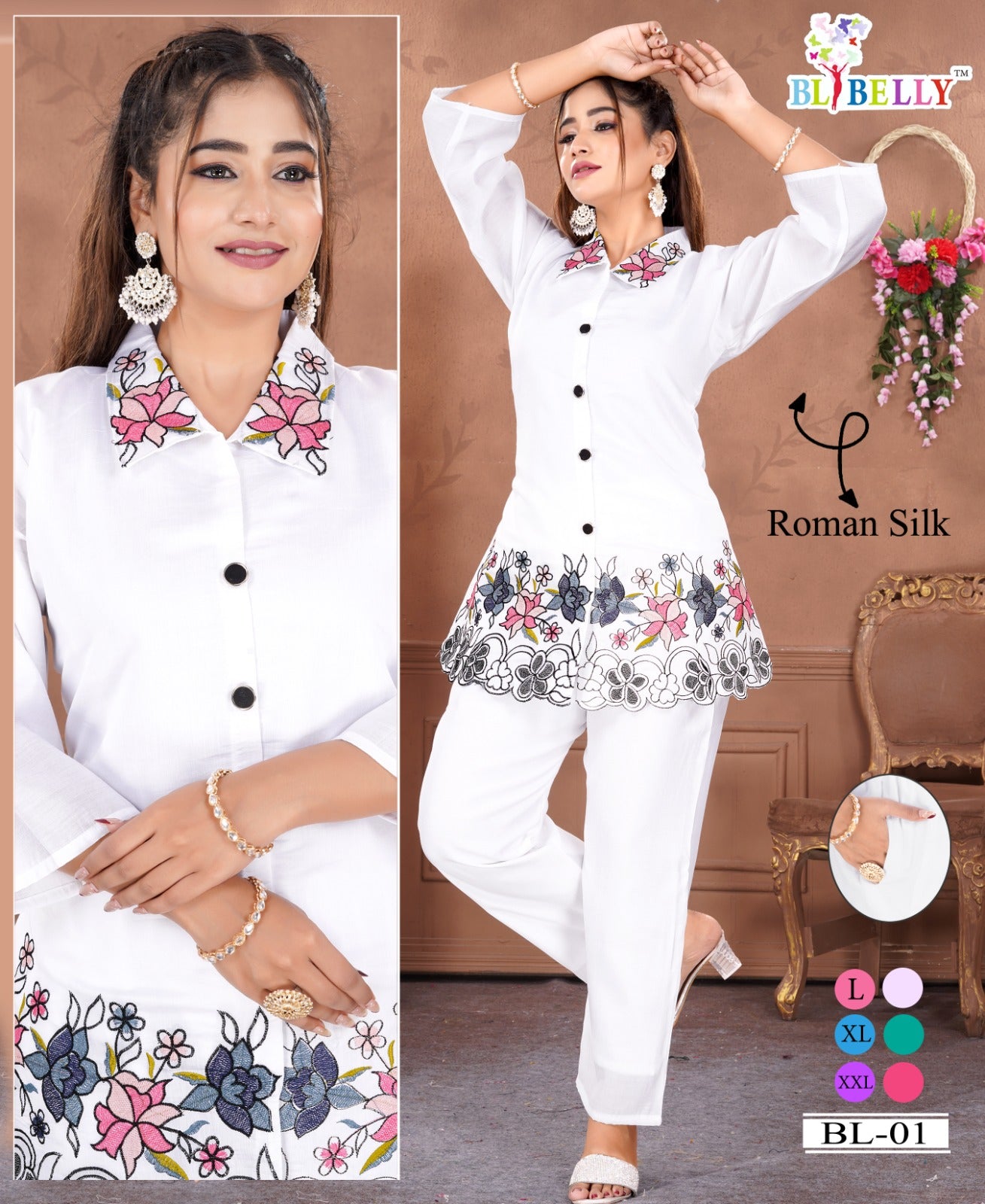 Bl 01-02 Black-White Belly Roman Silk Co Ord Set Supplier India