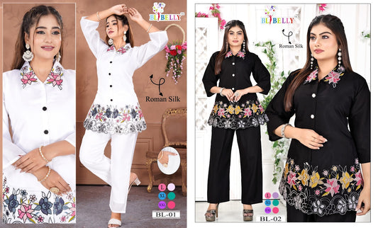 Bl 01-02 Black-White Belly Roman Silk Co Ord Set Supplier India
