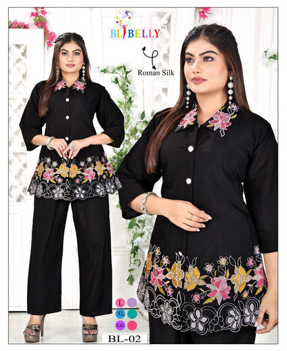 Bl 01-02 Black-White Belly Roman Silk Co Ord Set Supplier India