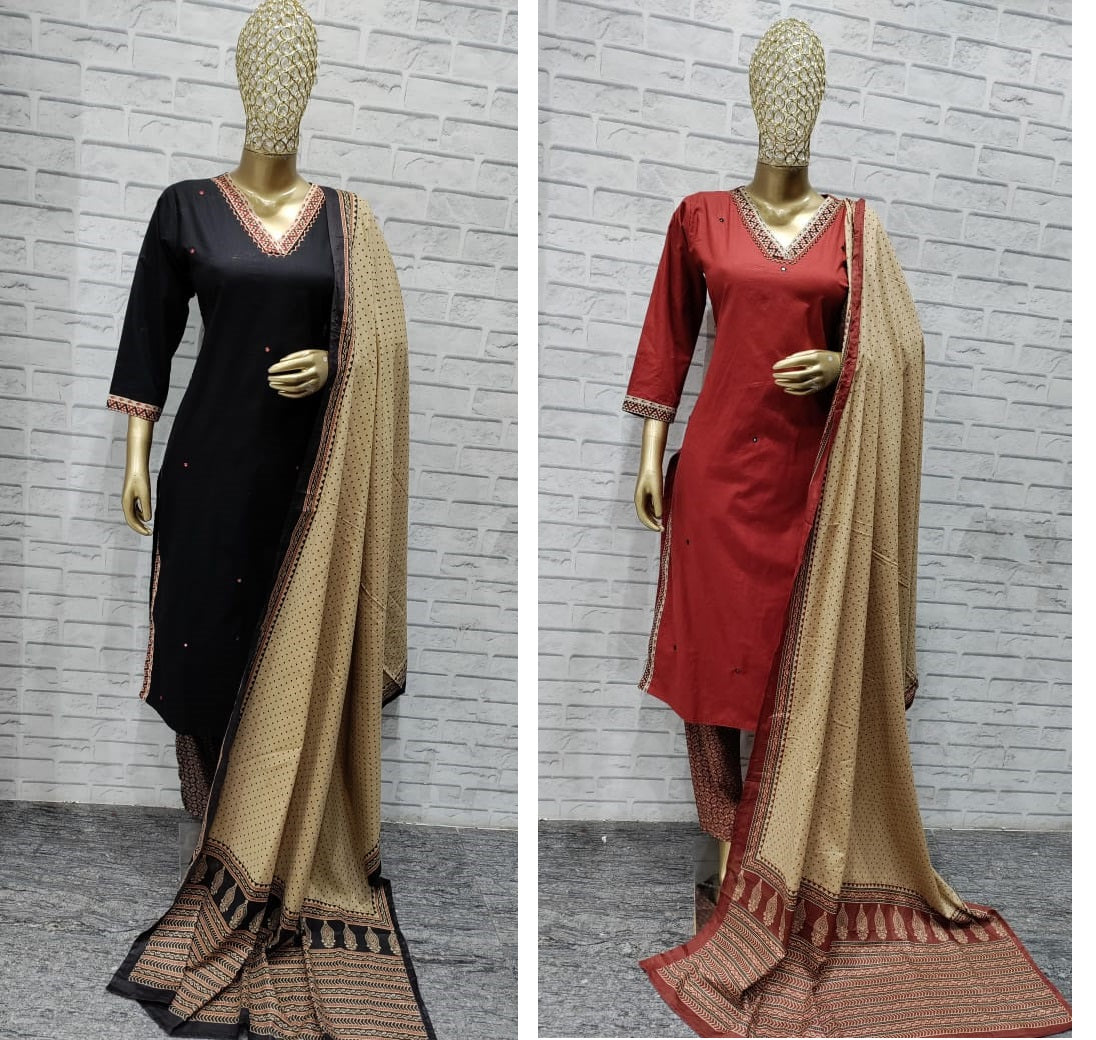 Black-Red Amba Pure Cotton Readymade Pant Style Suits Wholesale