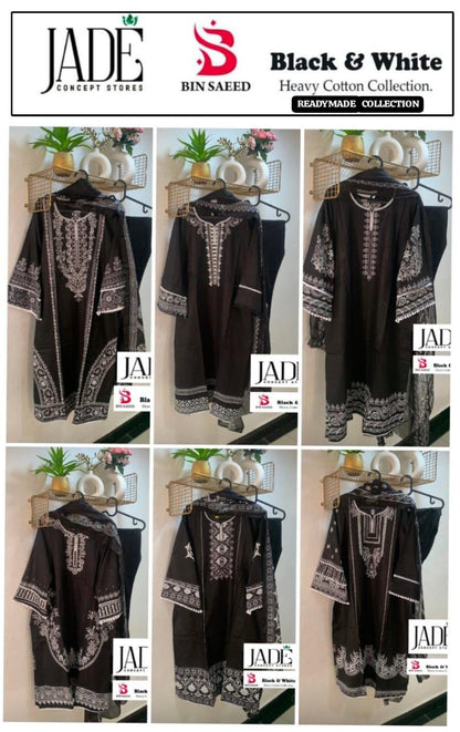 Black And White Bin Saeed Jade Cotton Karachi Readymade Suits Supplier India