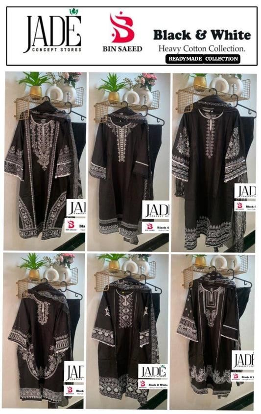 Black And White Bin Saeed Jade Cotton Karachi Readymade Suits Supplier India