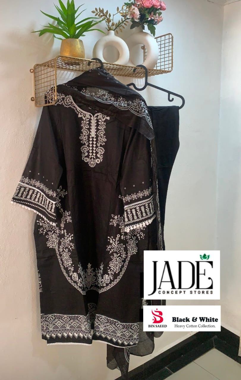 Black And White Bin Saeed Jade Cotton Karachi Readymade Suits Supplier India