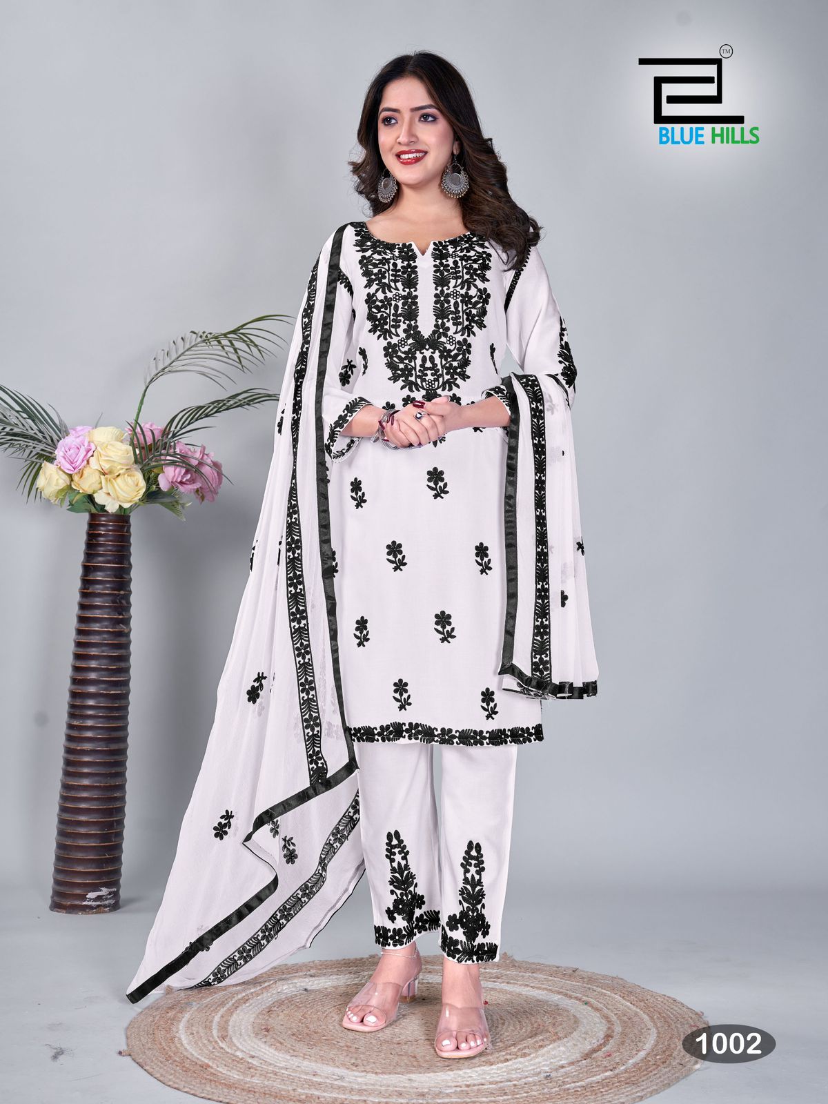 Black And White Blue Hills Rayon 14Kg Readymade Pant Style Suits Supplier Ahmedabad