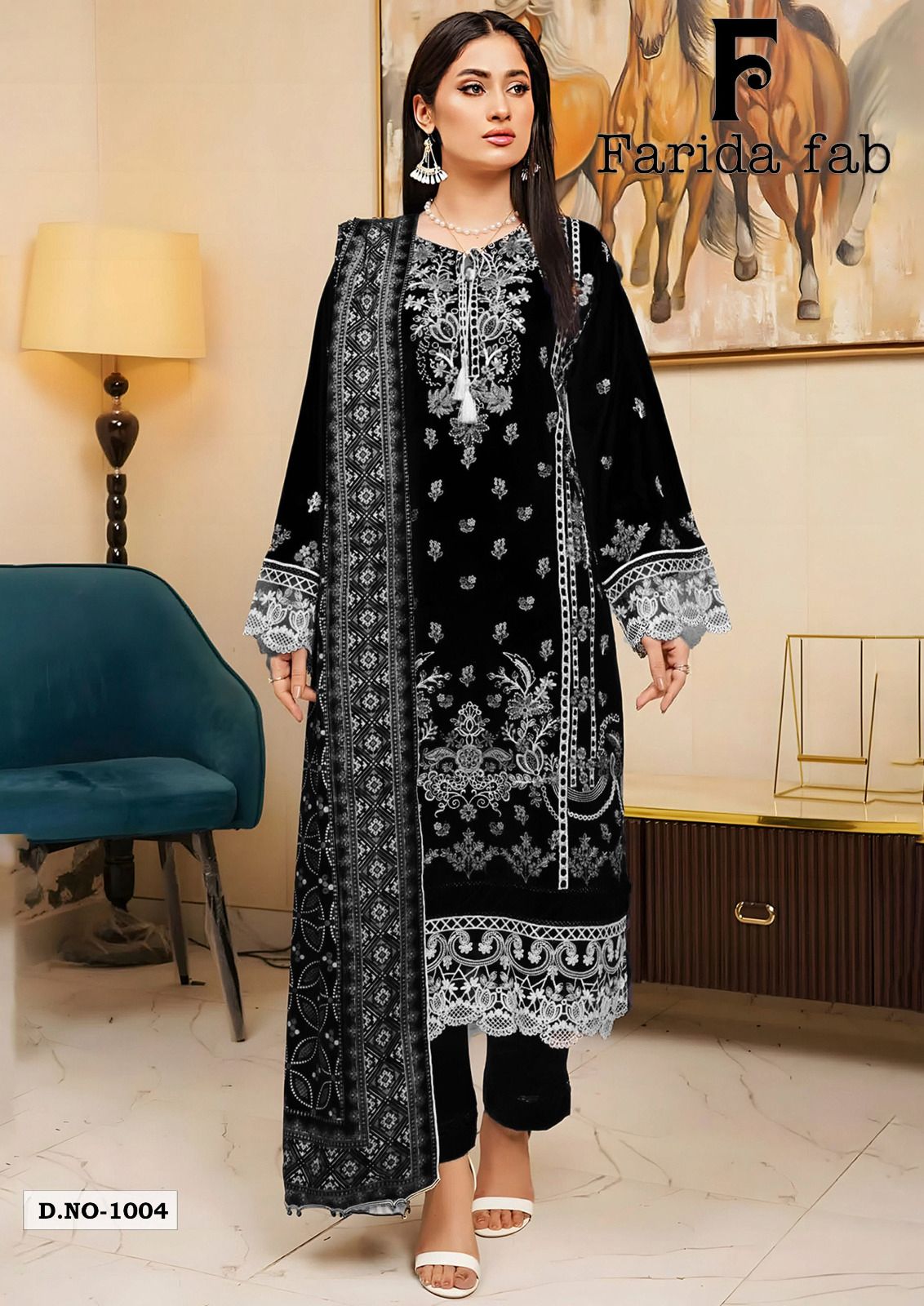 Black And White Farida Fab Lawn Cotton Karachi Salwar Suits Exporter India