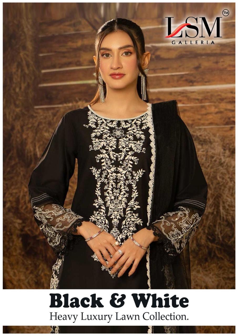 Black And White Heavy Luxury Lawn Collection Lsm Galleria Cotton Karachi Salwar Suits Wholesaler India