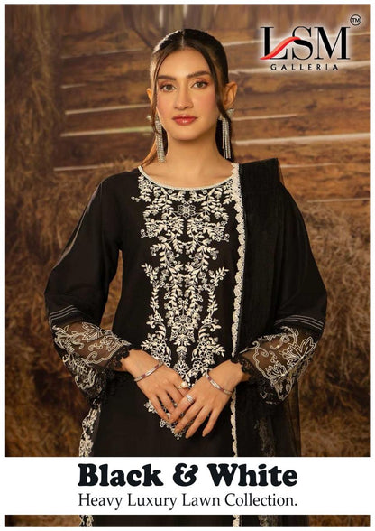 Black And White Heavy Luxury Lawn Collection Lsm Galleria Cotton Karachi Salwar Suits Wholesaler India