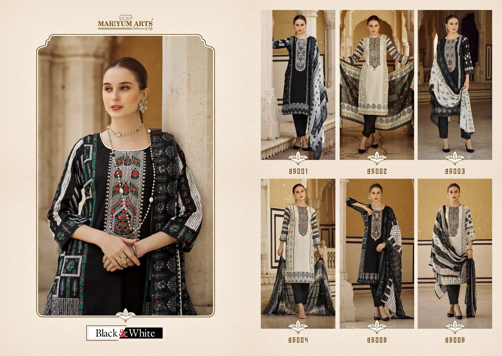 Black And White Mariyum Arts Cambric Cotton Pant Style Suits Wholesaler