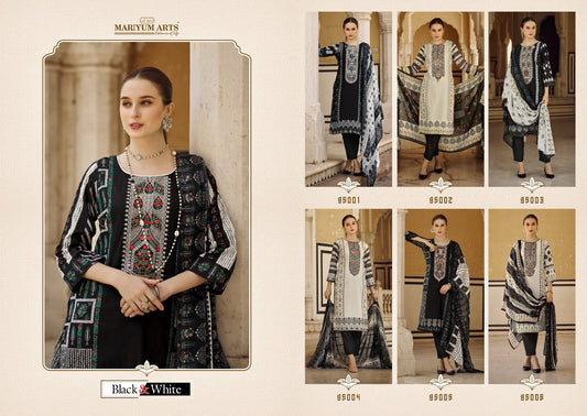 Black And White Mariyum Arts Cambric Cotton Pant Style Suits Wholesaler