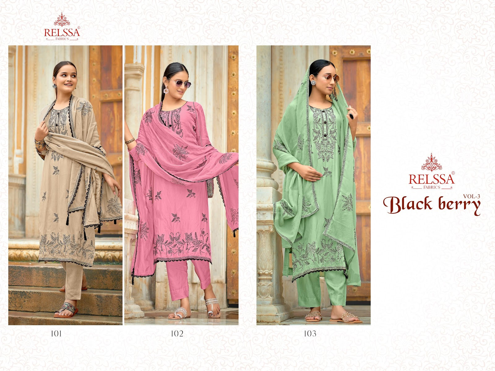 Black Berry Vol 3 Relssa Fabrics Silk Organza Pant Style Suits Wholesale Rate