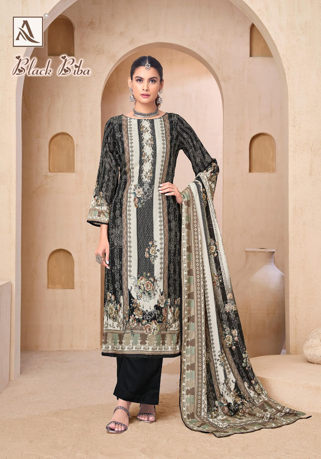 Black Biba Alok Viscose Muslin Karachi Salwar Suits Manufacturer India