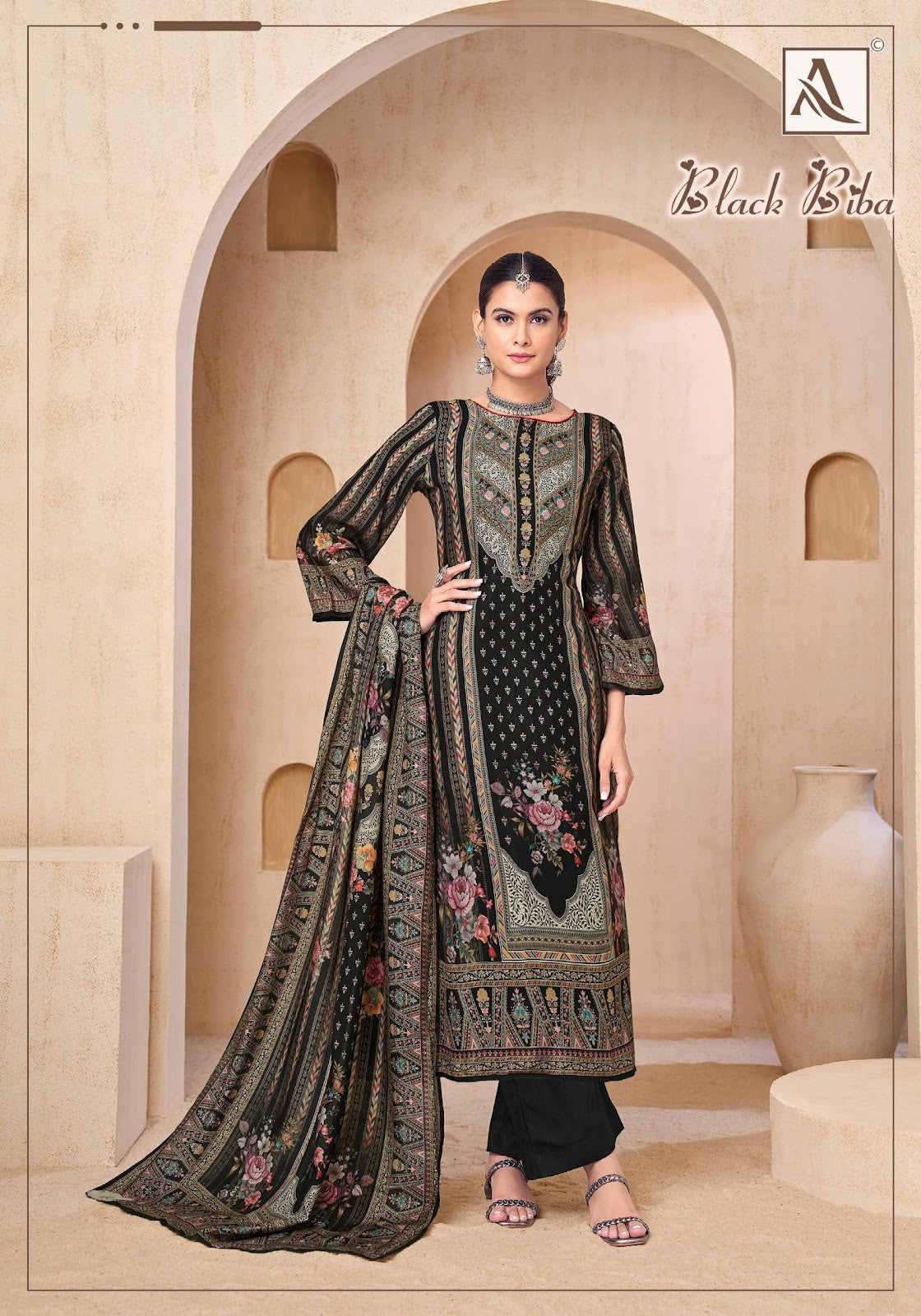 Black Biba Alok Viscose Muslin Karachi Salwar Suits Manufacturer India
