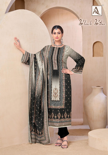 Black Biba Alok Viscose Muslin Karachi Salwar Suits Manufacturer India