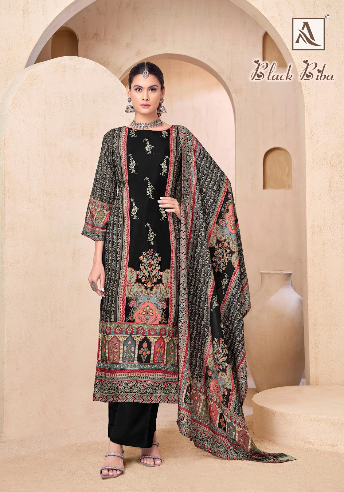 Black Biba Alok Viscose Muslin Karachi Salwar Suits Manufacturer India